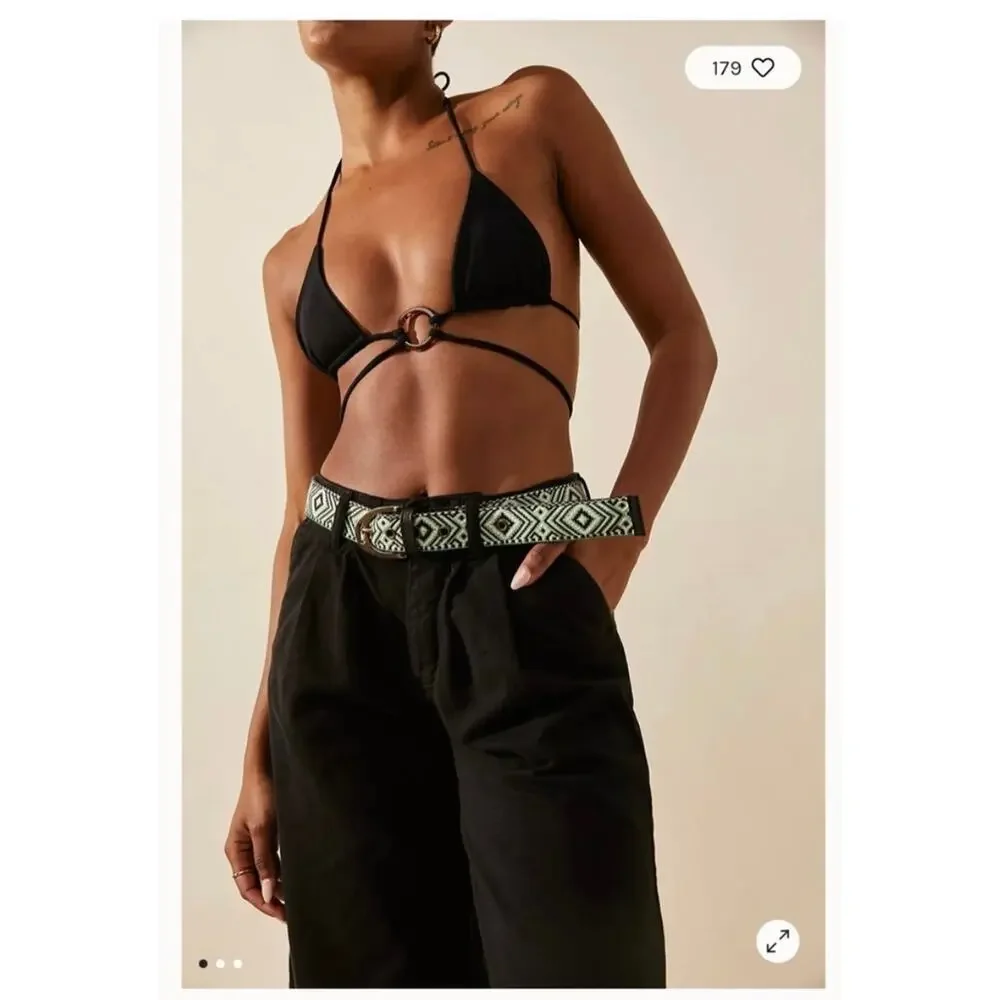 Free People Moving To Mars Cotton Leather Aztec Print Belt Green Size M/L